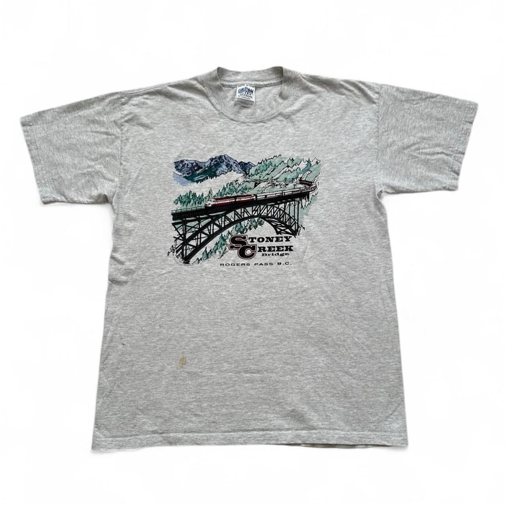 Vintage  Heather Gray Stony Creek Bridge Train Canada Graphic Tee L